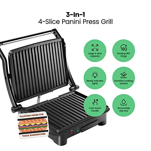 Chefman 4-Slice Panini Press Grill with Non-Stick Plates, Black