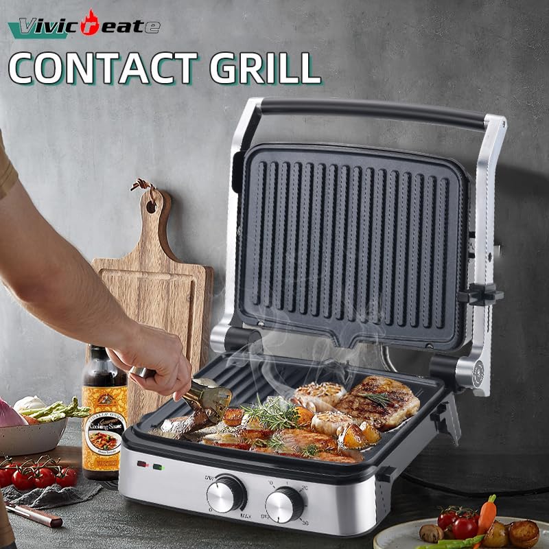 VividCreate 5-in-1 Panini Press Stainless Steel GrillPortable Nonstick Adjustment.City Grills Sandwich Steak Chicken Bre